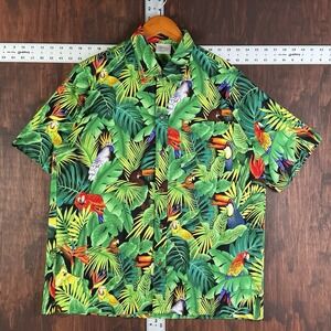 Shark Designer Hawaiian‎ Shirt Parrots Tropical AOP Print Aloha USA Green Large